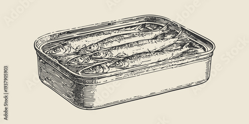 Sardines can vintage engraving style vector illustration, inspired by antique food packaging and culinary prints. Classic seafood artwork suitable for labels, packaging design, menus, and posters.