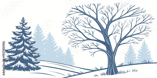 A serene winter scene featuring a lone tree and a cluster of pine trees in a snowy landscape Vector