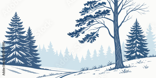 A serene winter landscape with snow-covered trees and a calm river Vector