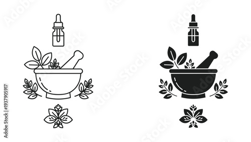 Mortar and Pestle with Dropper Bottle and Leaves Icon Set for Herbal Medicine and Aromatherapy