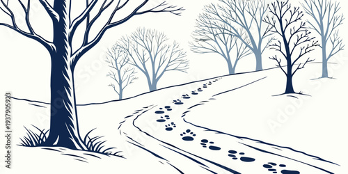 A serene winter scene with a winding path leading to a solitary tree Vector