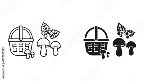 Mushroom and Berry Picking Basket Icons - Line Art and Silhouette