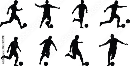 Black silhouette icons of soccer players in dynamic poses with ball, football action illustration set symbolizing athleticism, teamwork, sports training, and competitive play