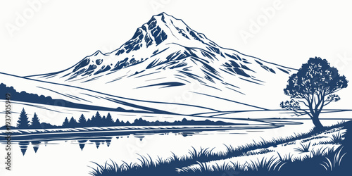 Majestic mountain landscape with snow-capped peaks and serene lake in the foreground Vector