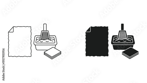 Cat Litter Box Cleaning Icons: Line Art and Solid Black Versions
