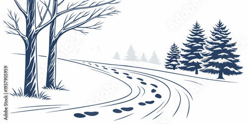 A serene winter landscape with snow-covered trees and a winding path Vector