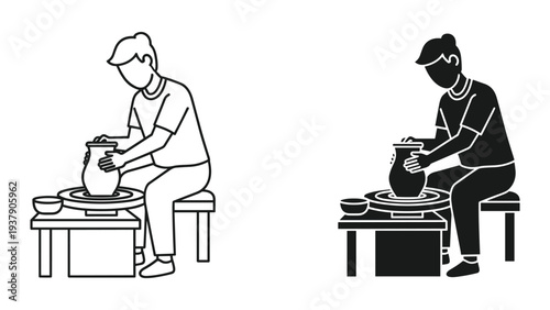 Potter at Wheel Making Ceramic Vase, Silhouette and Outline Icons Set