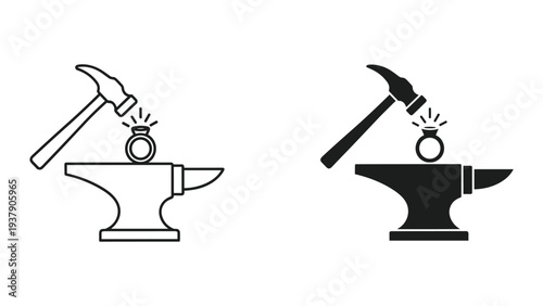 Jewelry Making Icon Set: Hammering Ring on Anvil (Outline and Silhouette)