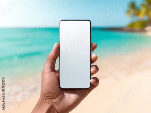 person on the beach holding up a smartphone with a blank screen