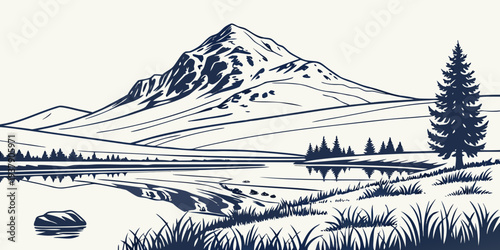 Majestic mountain peak surrounded by serene forest and tranquil lake landscape Vector