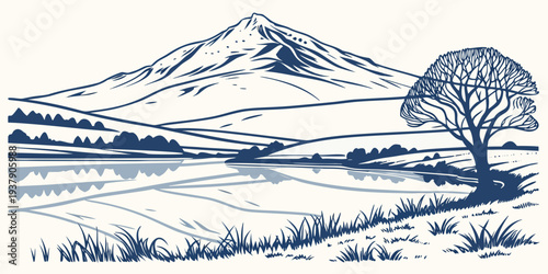 A serene landscape featuring majestic mountains and a tranquil lake Vector