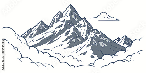 A majestic mountain peak rising above a serene, misty valley landscape Vector