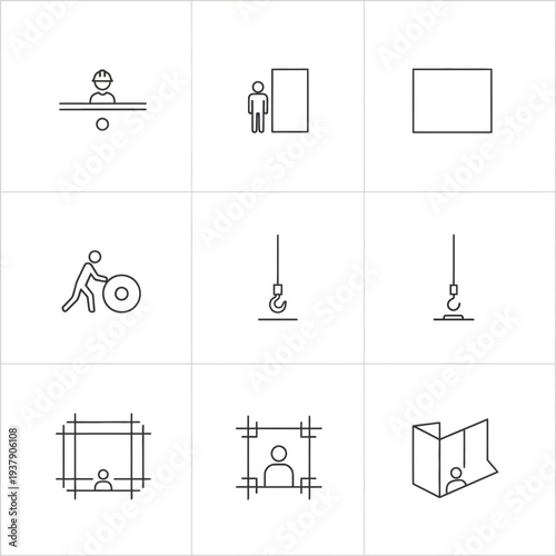 Essential Line Icons Depicting Construction Workforce, Project Management, and Building Site Operations