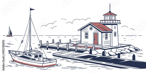 A serene lakeside scene with a quaint house and sailboat in the distance Vector