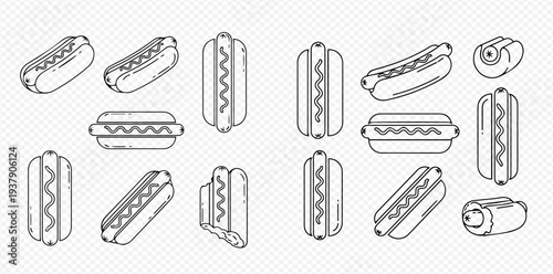 Set of hot dog line art illustrations in various isometric and flat angles, perfect for fast food menus and designs.