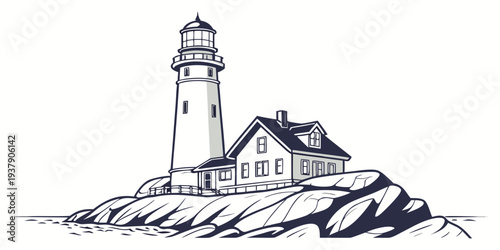 A serene lighthouse standing tall on a rocky shore with a small house nearby Vector