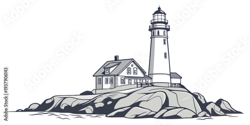 A majestic lighthouse standing tall on a rocky cliff overlooking the vast ocean Vector