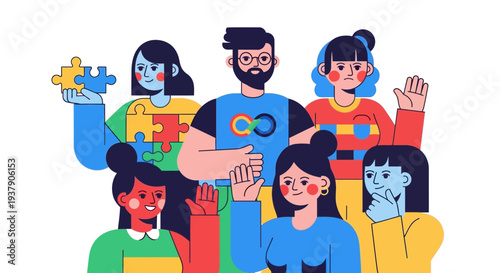 Diverse Group of People Collaborating Together with Puzzle Pieces in a Modern Setting from a Slightly Elevated Viewpoint