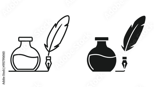 Inkwell and Feather Pen Icons: Line Art and Silhouette Styles for Writing and Creativity
