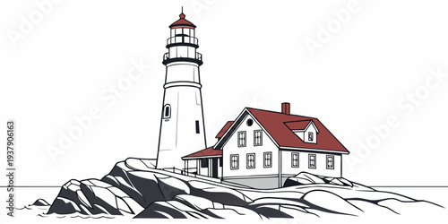A picturesque lighthouse standing tall on a rocky cliff with a cozy house nearby. Vector