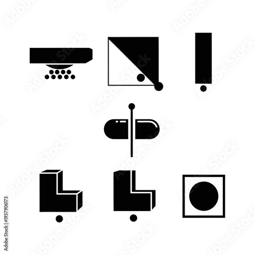 Diverse set of minimalist abstract geometric icons featuring simple shapes and distinct focal points, ideal for modern graphic design, conceptual diagrams, and versatile visual communication