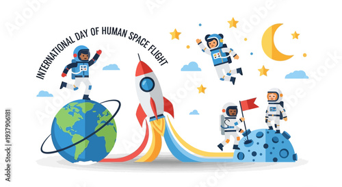 Astronauts Celebrate International Day of Human Space Flight with Rocket Launch into Orbit around Earth