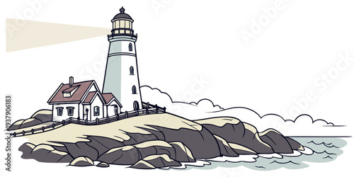 A picturesque lighthouse standing tall on a rocky cliff overlooking the vast ocean. Vector