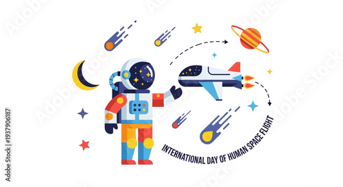 Cosmonaut floating amidst stars, planets, and spacecraft in a vibrant illustration celebrating human space flight