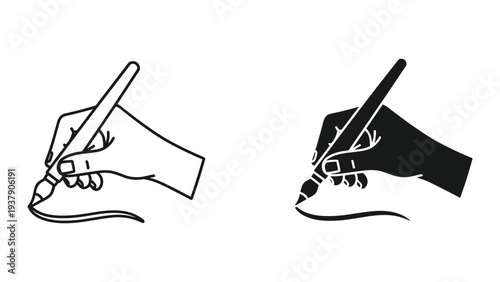 Hand Holding Paintbrush Drawing Line Art and Silhouette Icons