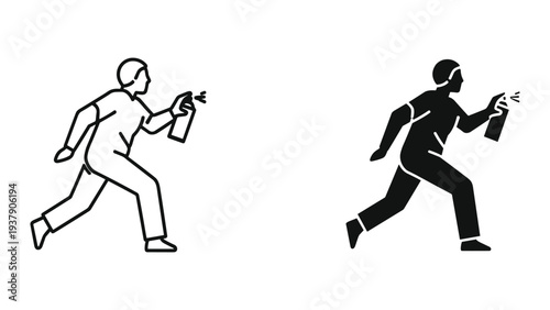 Running Person with Spray Can Icon Set - Outline and Silhouette Vector Illustration