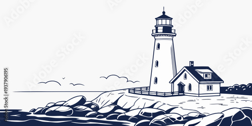A serene lighthouse standing tall on rocky shores with seagulls flying nearby Vector