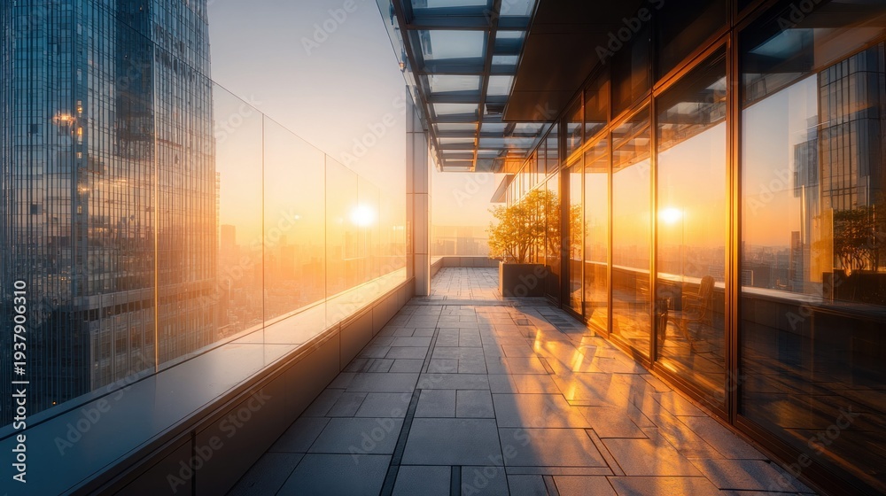 Naklejka premium Modern skyscraper balcony at sunset with city view and glass railings