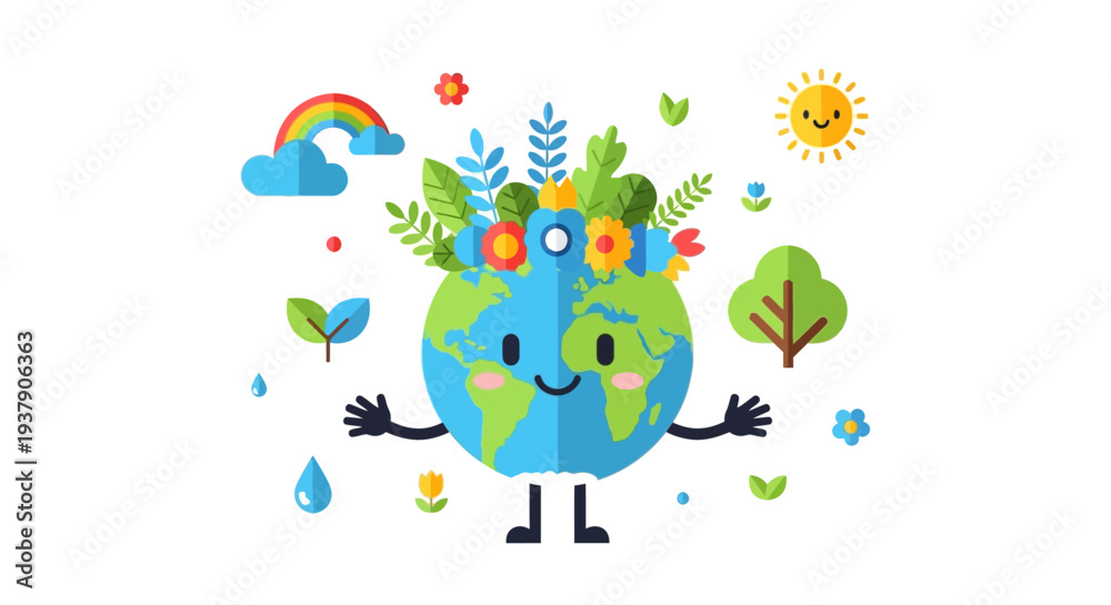 Obraz premium Smiling Earth surrounded by lush greenery and vibrant flowers in a whimsical illustration