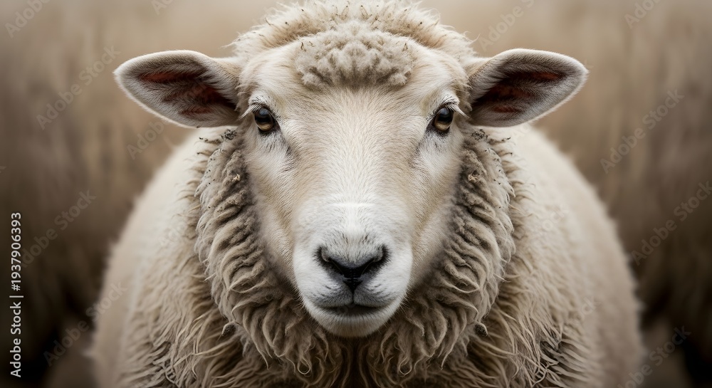 Obraz premium Close-up portrait of a fluffy sheep's face, highlighting its textured wool and gentle eyes against a softly blurred background, evoking a sense of pastoral serenity