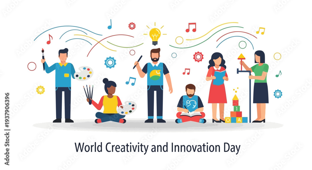Fototapeta premium Diverse group celebrating World Creativity and Innovation Day with creative symbols and colorful graphics