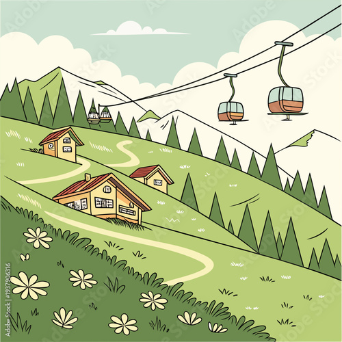 A picturesque mountain landscape with a ski resort and chairlifts in the distance Vector