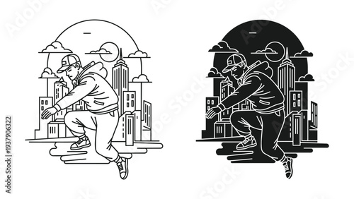 Urban Dancer Silhouette Performing Freestyle Moves Over Cityscape Skyline, Line Art Style