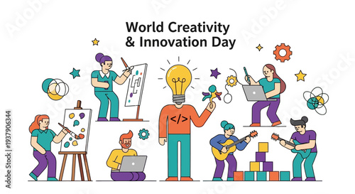 Creative people collaborating on innovative projects, working together in a vibrant workspace filled with art supplies and technology, viewed from above.