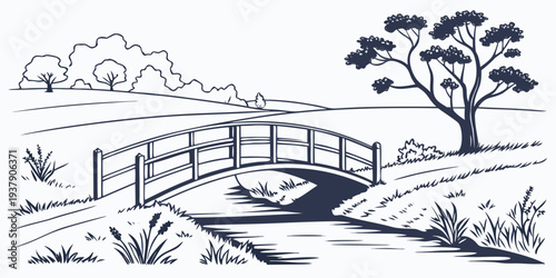 A serene landscape featuring a winding river, lush trees, and a picturesque bridge. Vector