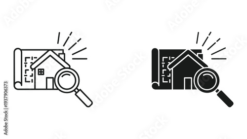House blueprint with magnifying glass icons, representing real estate research, analysis, and property inspection.