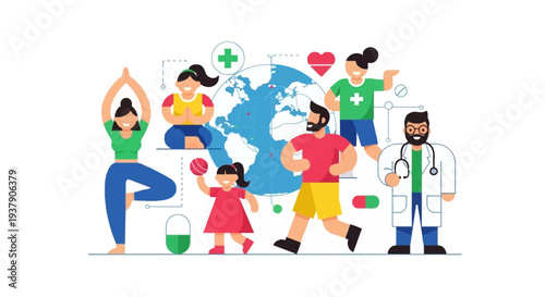 People Practicing Yoga and Healthy Living Around the Globe Vector Illustration