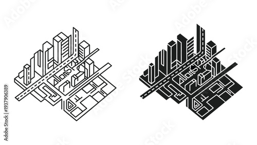 Isometric Cityscape with Roads and Buildings, Outline and Silhouette Duo, Modern Urban Planning Concept