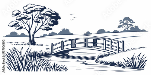 A serene landscape with a small house nestled among tall trees and lush greenery Vector