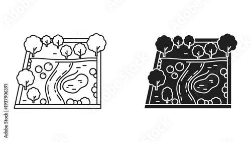 Top-down park view with river, pond, trees, and rocks. Flat vector illustration.