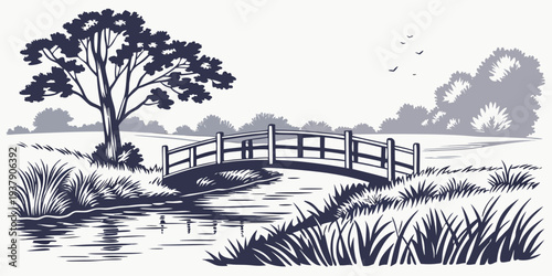 A serene landscape with a small village nestled among rolling hills and a winding river. Vector