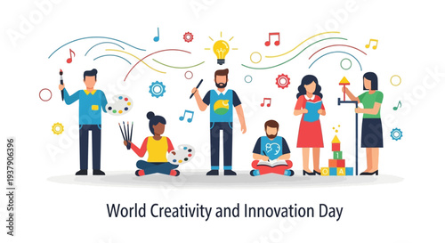 Diverse group celebrating World Creativity and Innovation Day with creative symbols and colorful graphics
