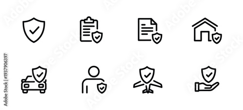 Minimal insurance protection line icons set featuring shield symbols for health home car life and travel coverage, security services and medical insurance protection concept, editable stroke outline
