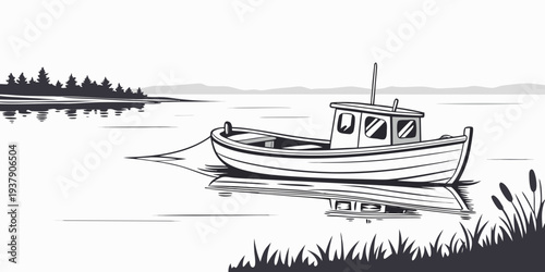 A serene scene of a small boat sailing on a calm lake surrounded by nature. Vector