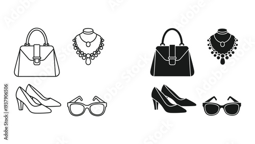 Fashion Accessories Icons Set: Handbag, Necklace, High Heels Shoes, Sunglasses - Line and Silhouette Styles