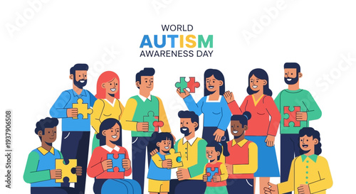 Diverse group of people holding puzzle pieces together celebrating Autism Awareness Day